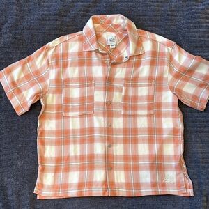 Men's salmon plaid short sleeve flannel snap button shirt